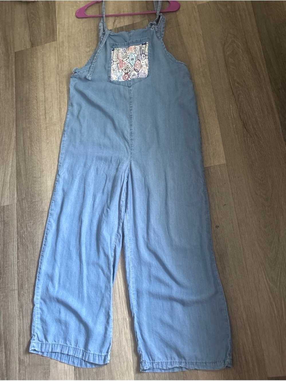 Light Wash Denim Overalls with Patterned Chest Pocket patches front and back